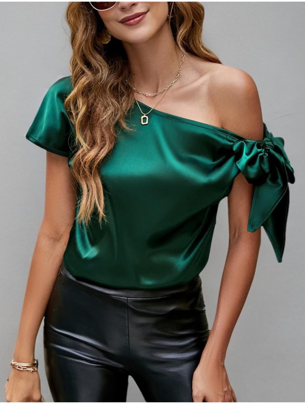 Emerald Green One-Shoulder Satin Blouse